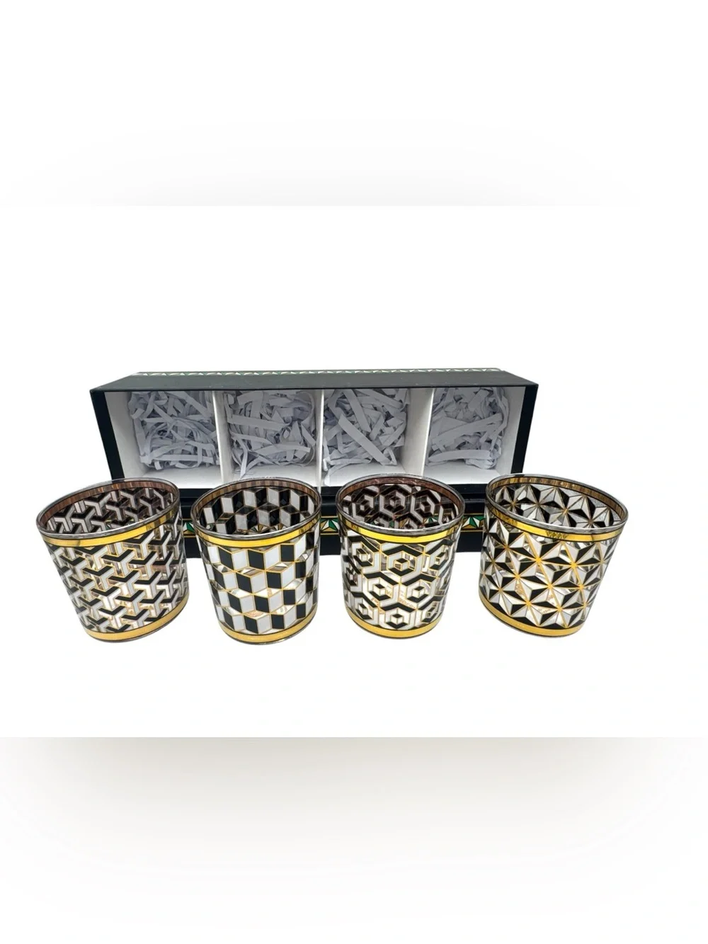 Jonathan Adler Versailles Cocktail Glasses + Porcelain Coasters — Set of 4 Each